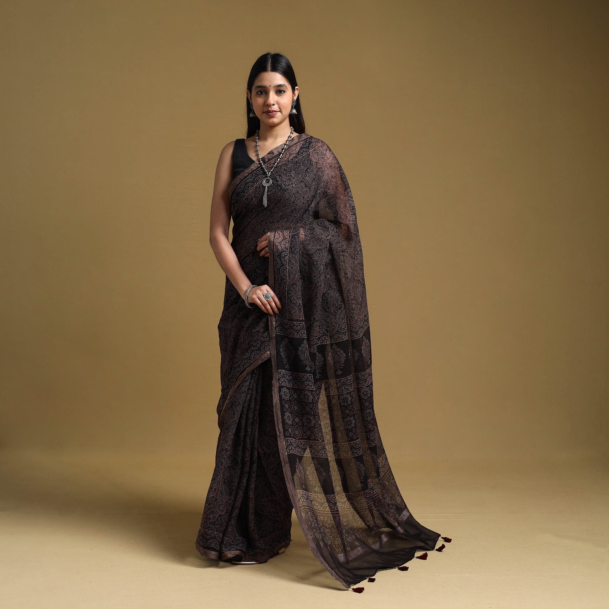 Black -  Natural Dyed Block Print Kota Doria Cotton Ajrakh Saree 17