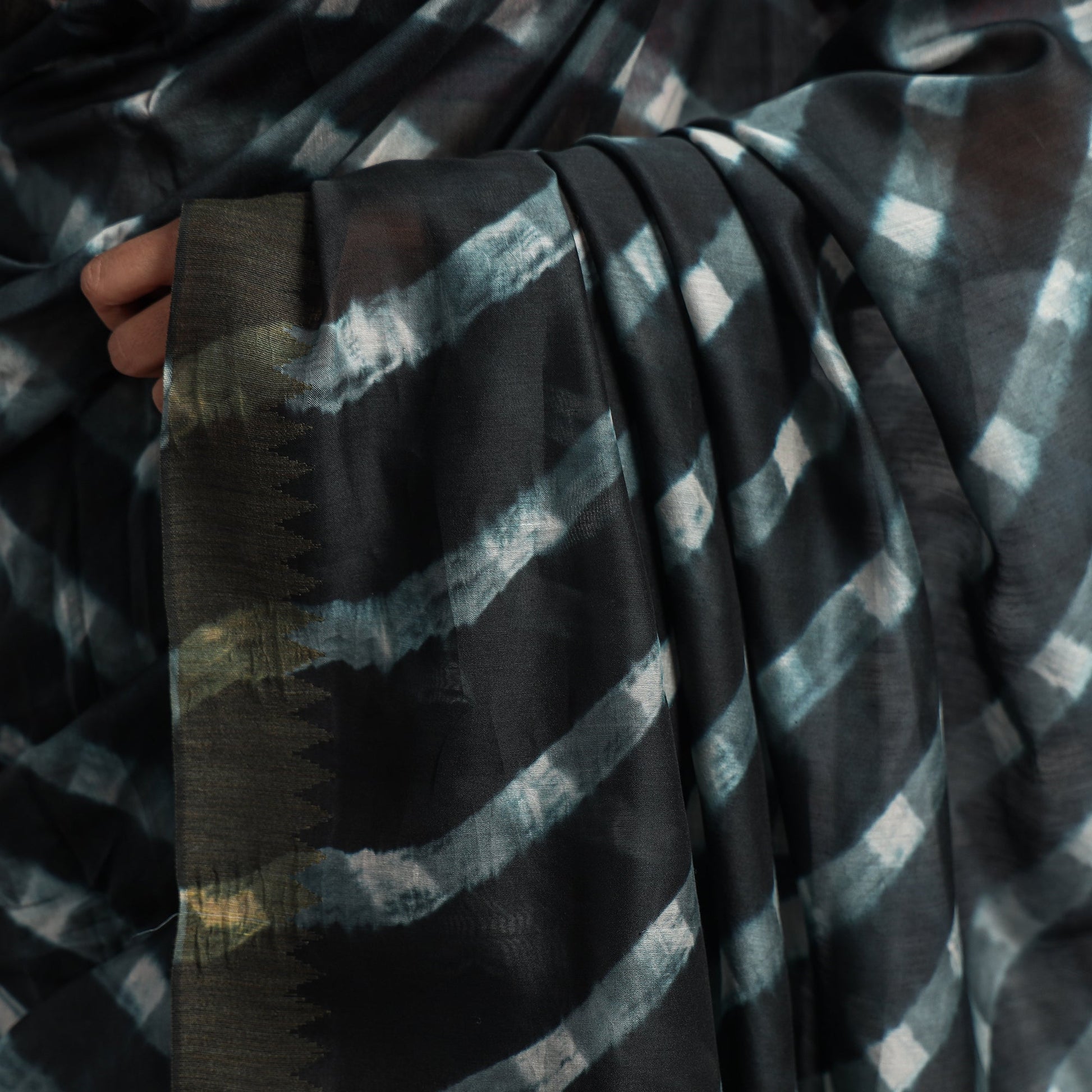Black - Leheriya Tie-Dye Chanderi Silk Saree with Zari Border