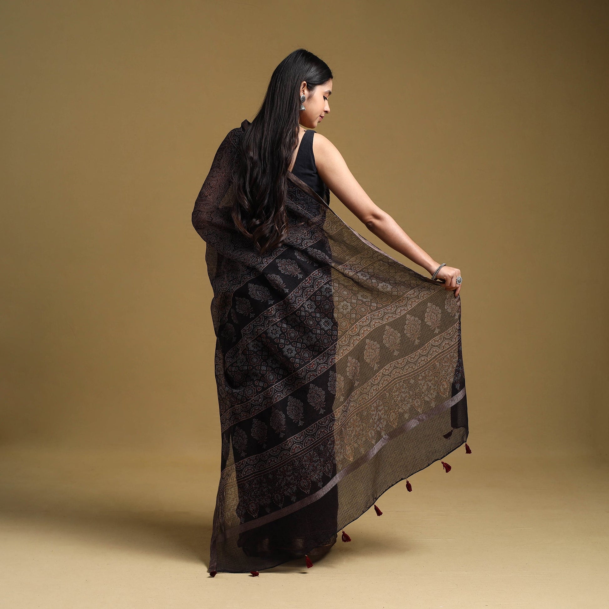 Black -  Natural Dyed Block Print Kota Doria Cotton Ajrakh Saree 17