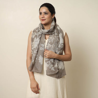 Brown - Handloom Block Print  Natural Dyed Linen Bindaas Stole 04