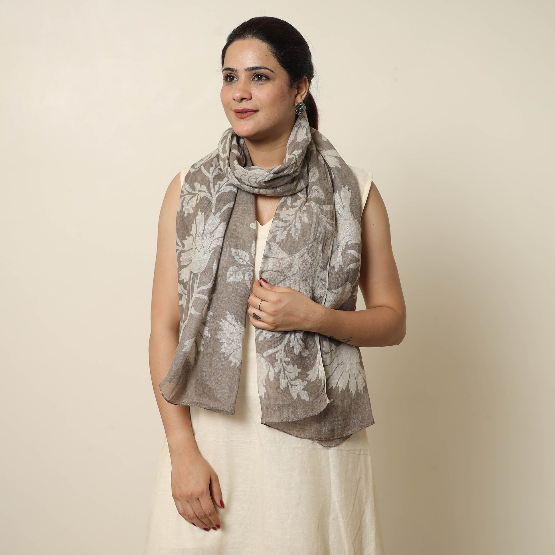 Brown - Handloom Block Print  Natural Dyed Linen Bindaas Stole 04