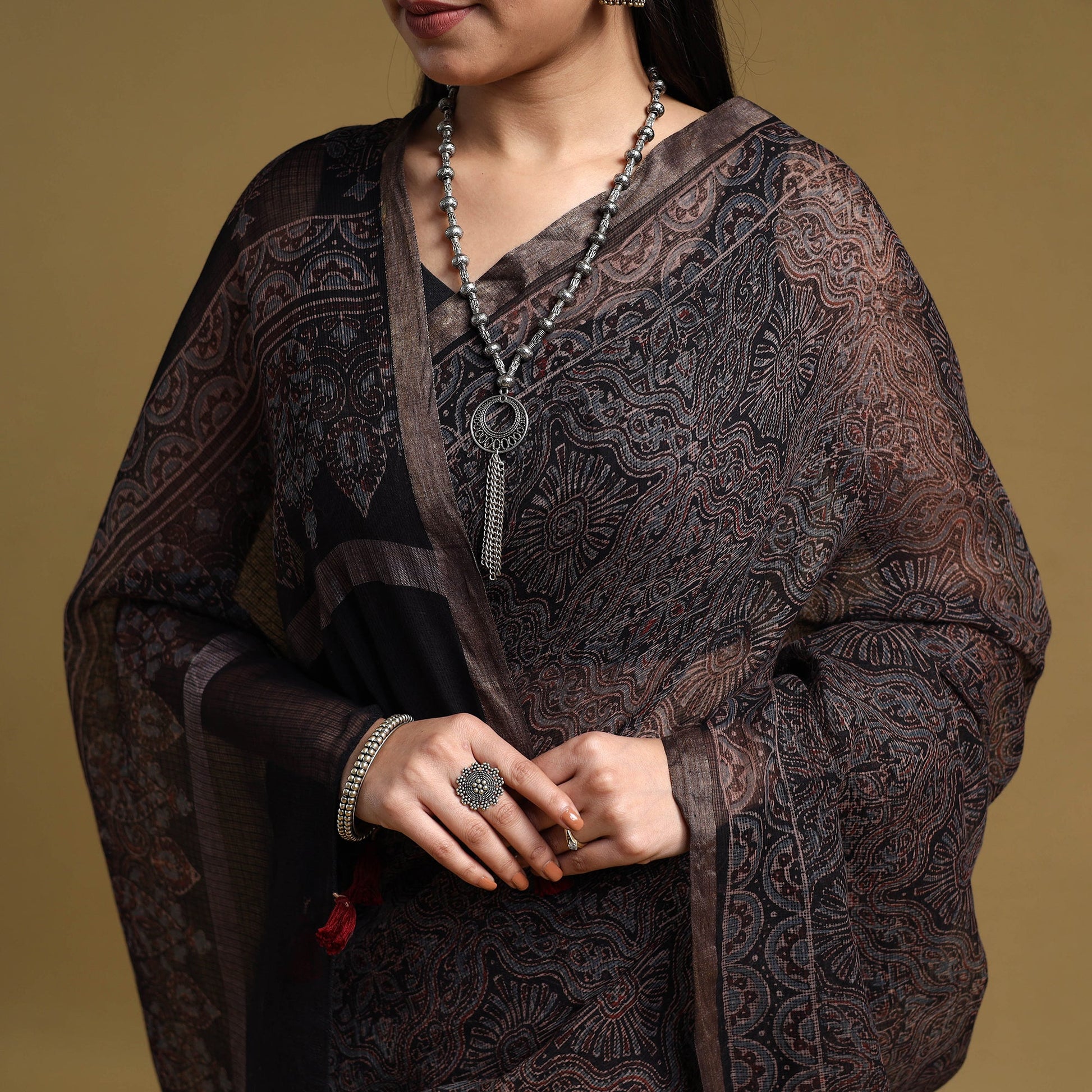 Black -  Natural Dyed Block Print Kota Doria Cotton Ajrakh Saree 17
