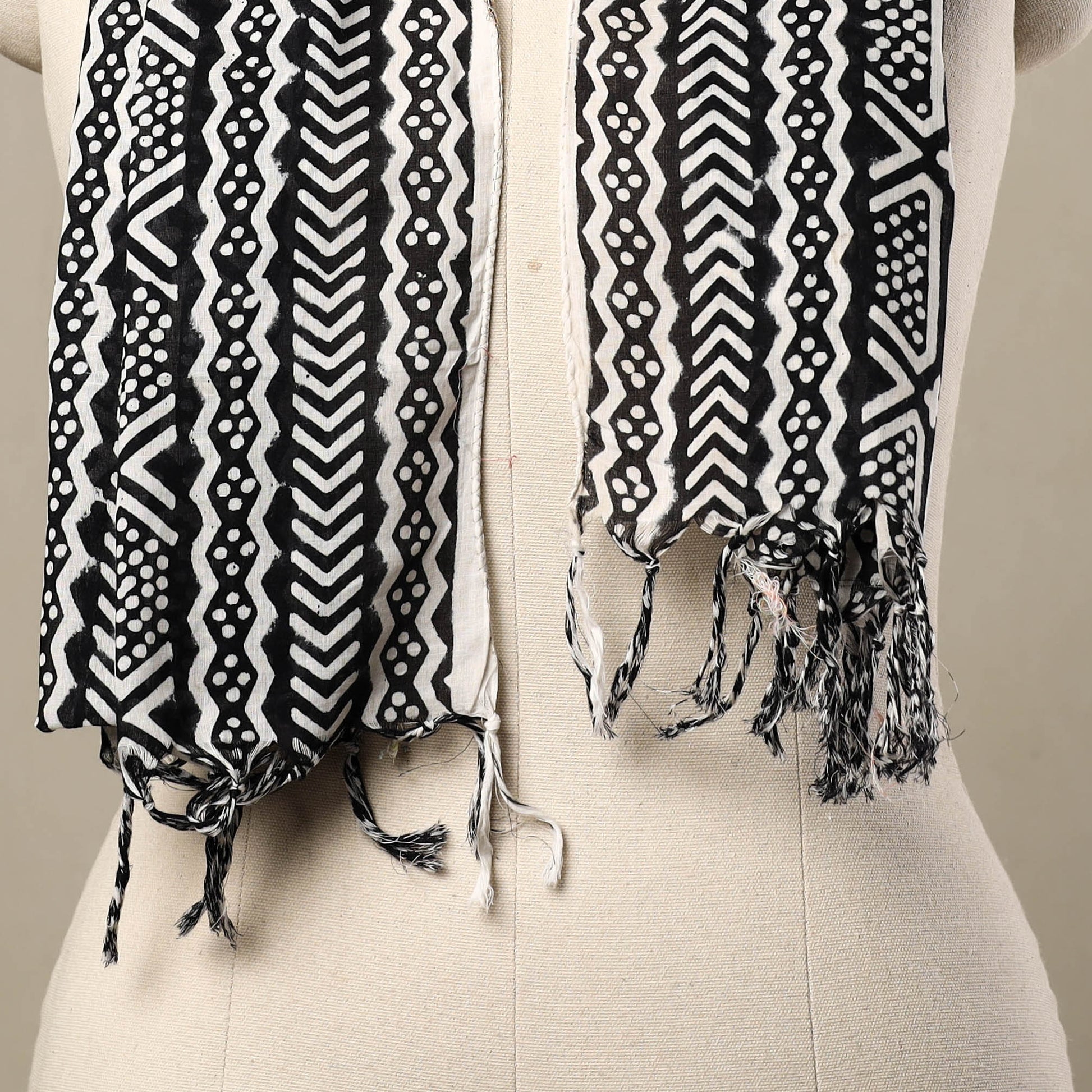 Black - Block Print Cotton Sanganeri Stole with Tassels 133