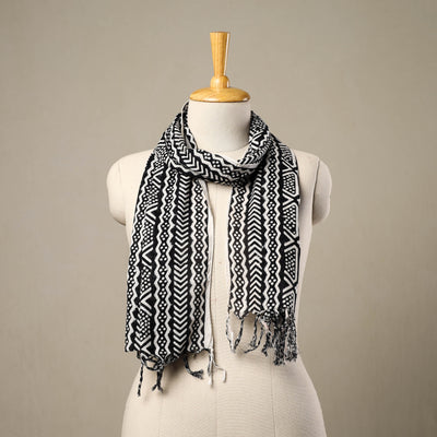 Black - Block Print Cotton Sanganeri Stole with Tassels 133