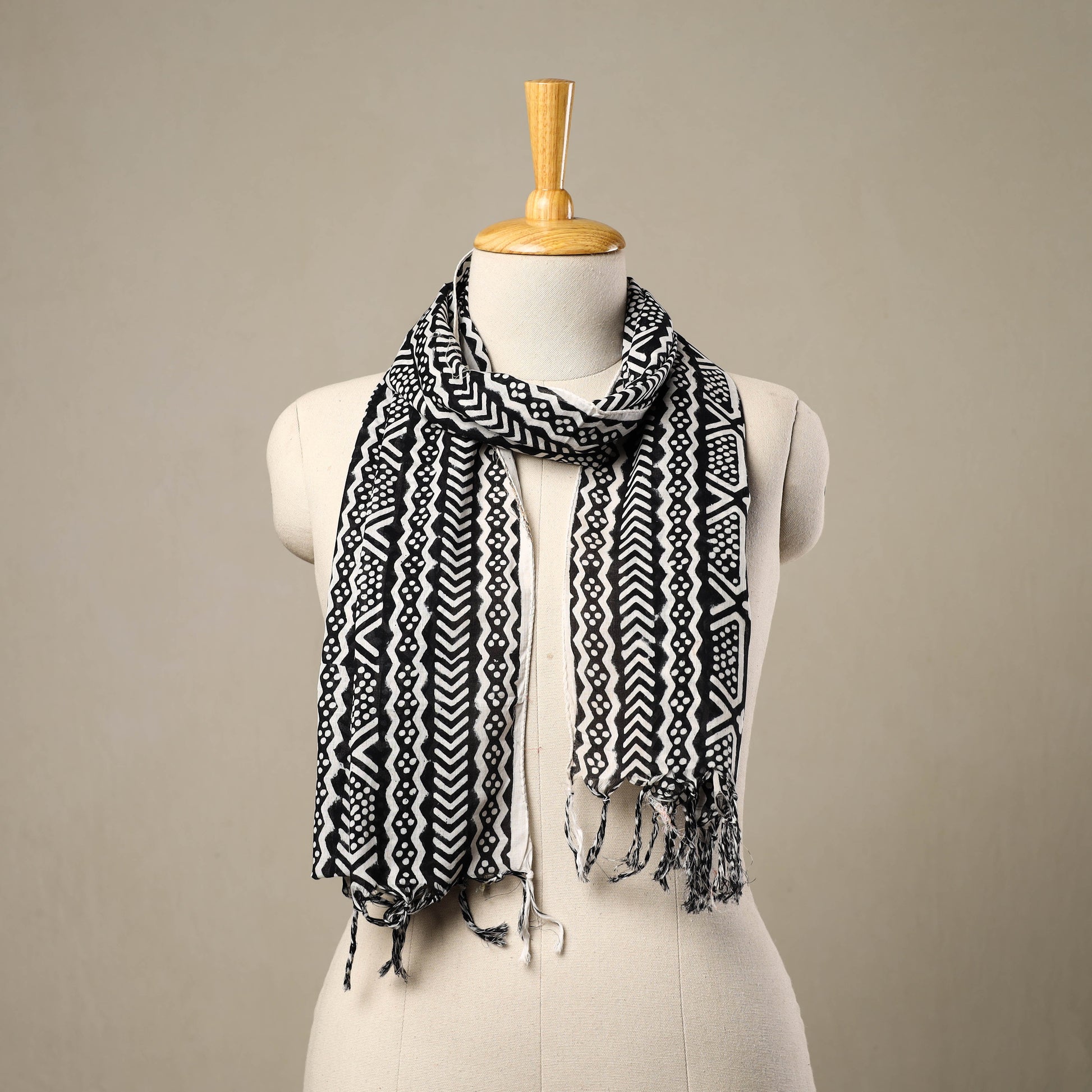 Black - Block Print Cotton Sanganeri Stole with Tassels 133