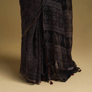 Black -  Natural Dyed Block Print Kota Doria Cotton Ajrakh Saree 17