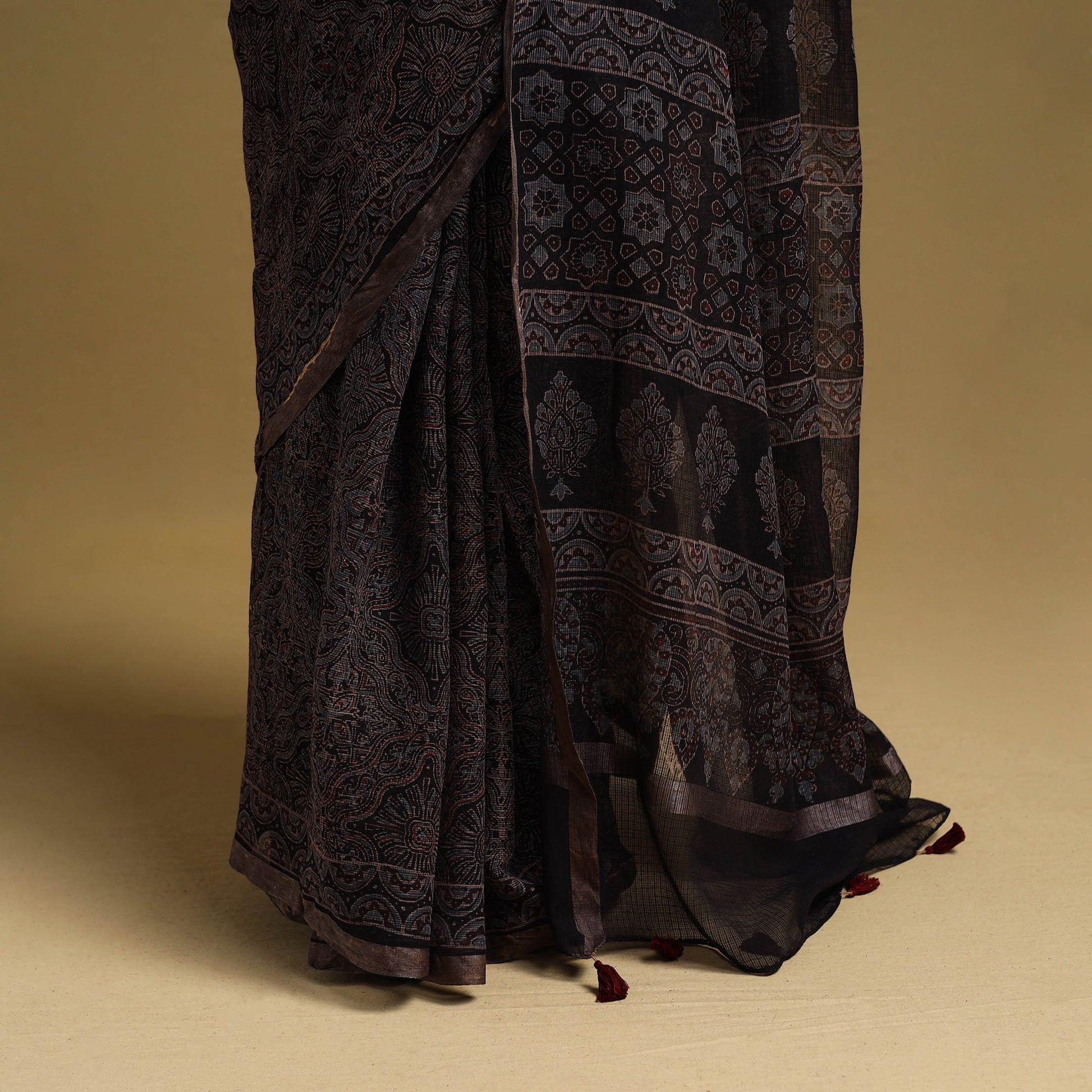 Black -  Natural Dyed Block Print Kota Doria Cotton Ajrakh Saree 17