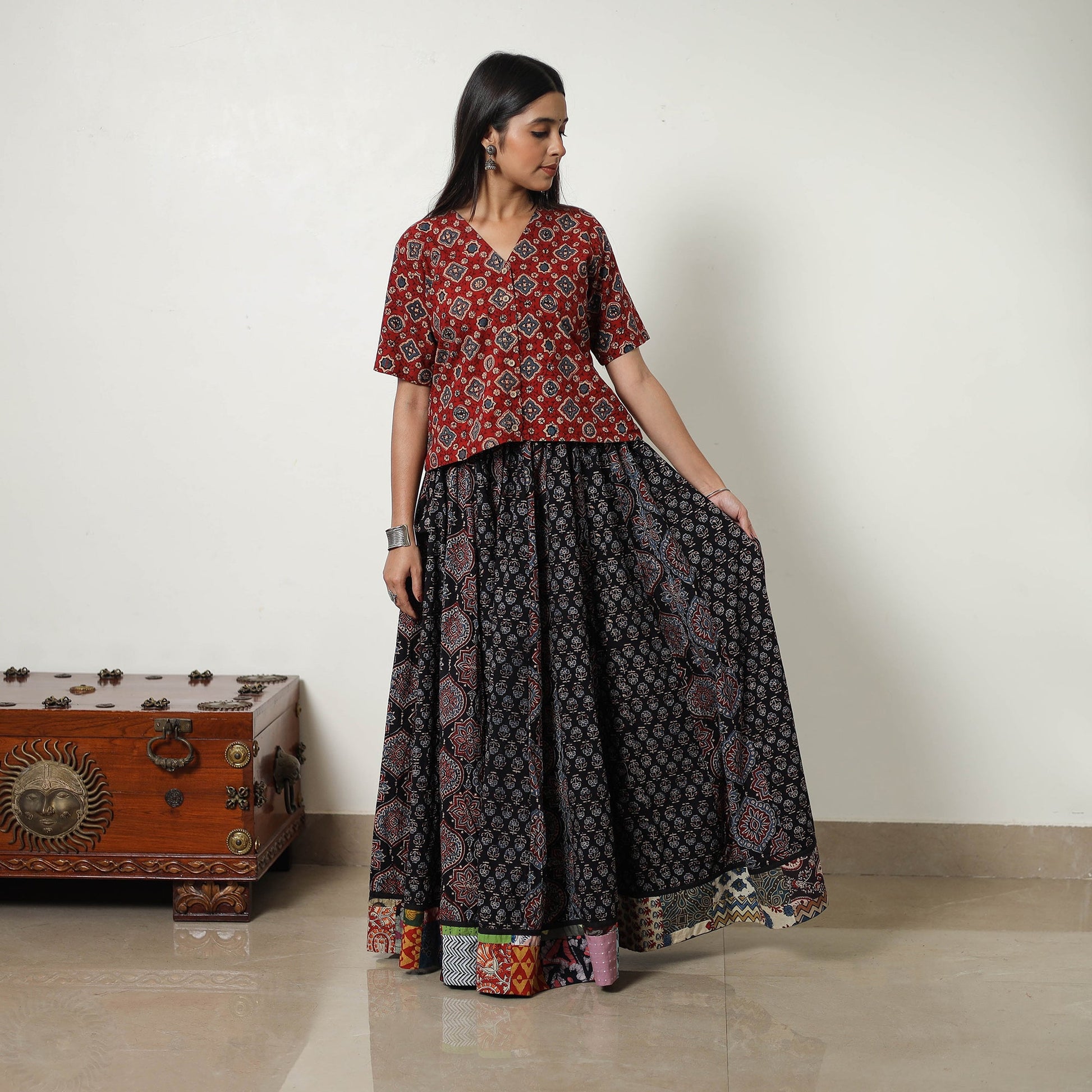 Black - 24 Kali Patchwork Block Printed Cotton Ajrakh Skirt 14