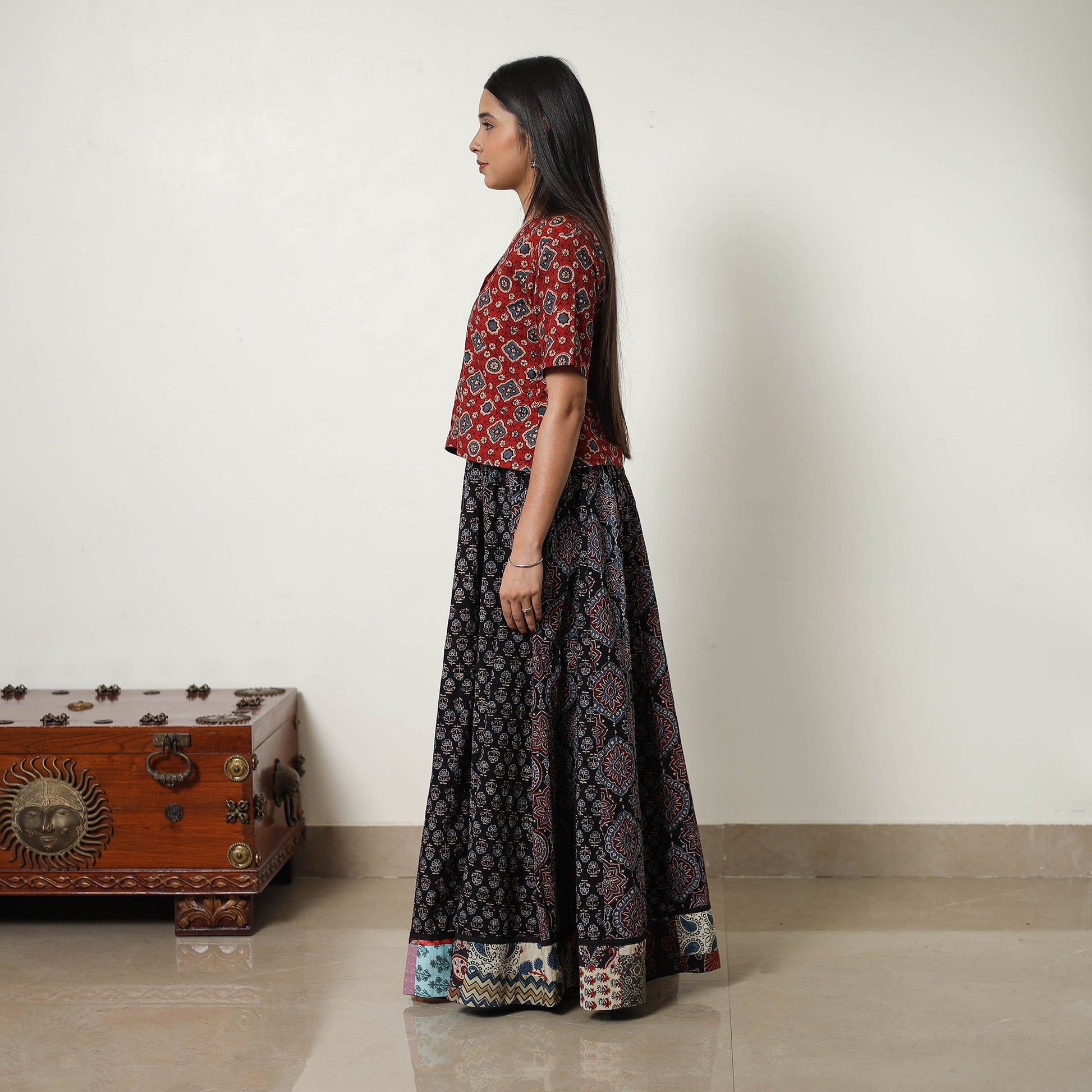 Black - 24 Kali Patchwork Block Printed Cotton Ajrakh Skirt 14