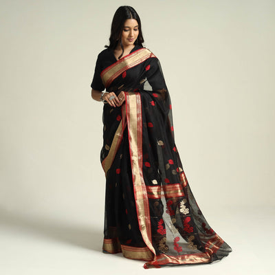 Black - Traditional Chanderi Silk Zari Buti Handloom Saree