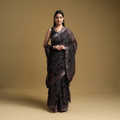 Black - Natural Dyed Block Print Kota Doria Cotton Ajrakh Saree 18