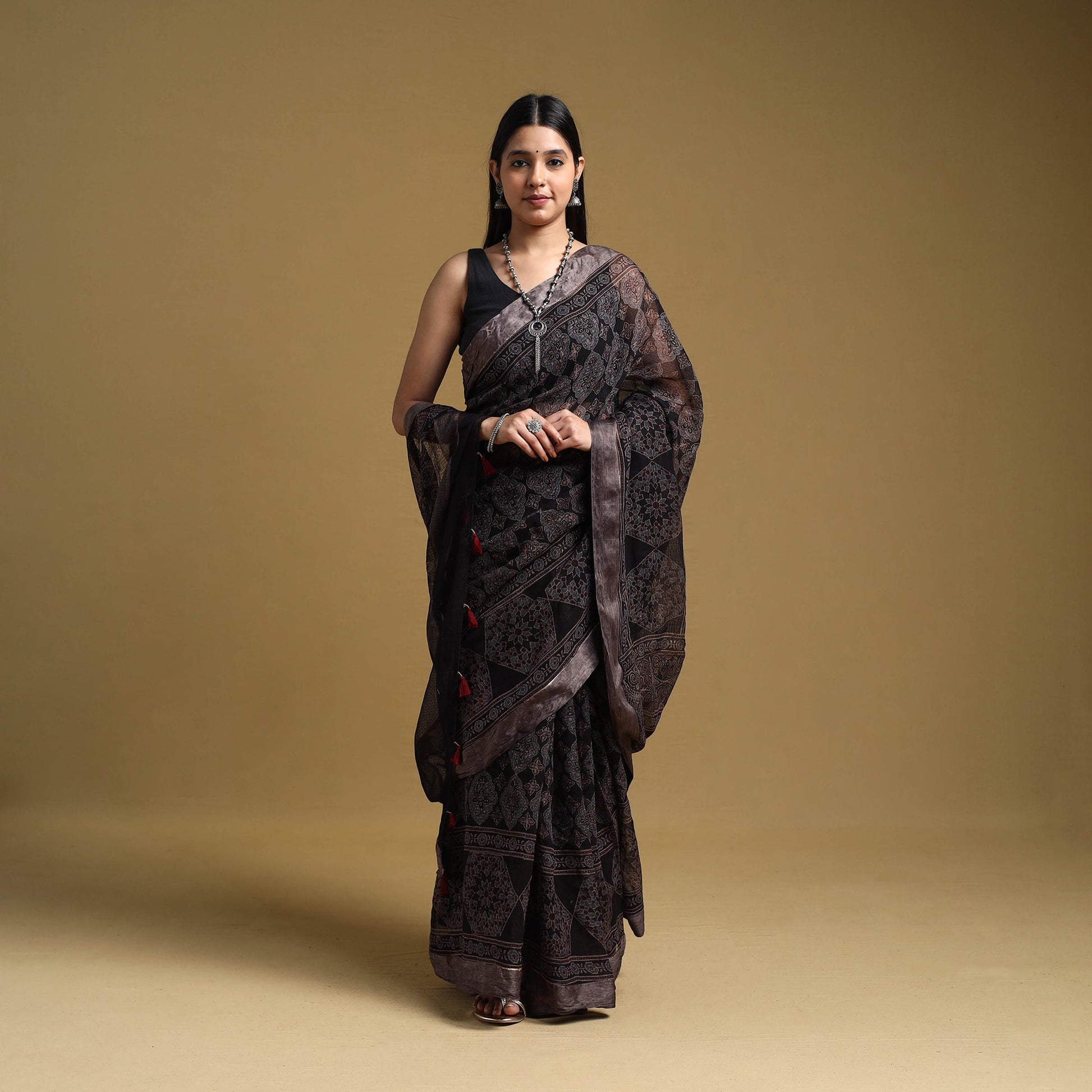 Black - Natural Dyed Block Print Kota Doria Cotton Ajrakh Saree 18