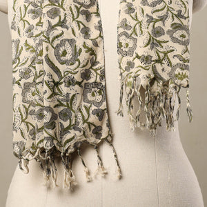 Beige - Block Print Cotton Sanganeri Stole with Tassels 136