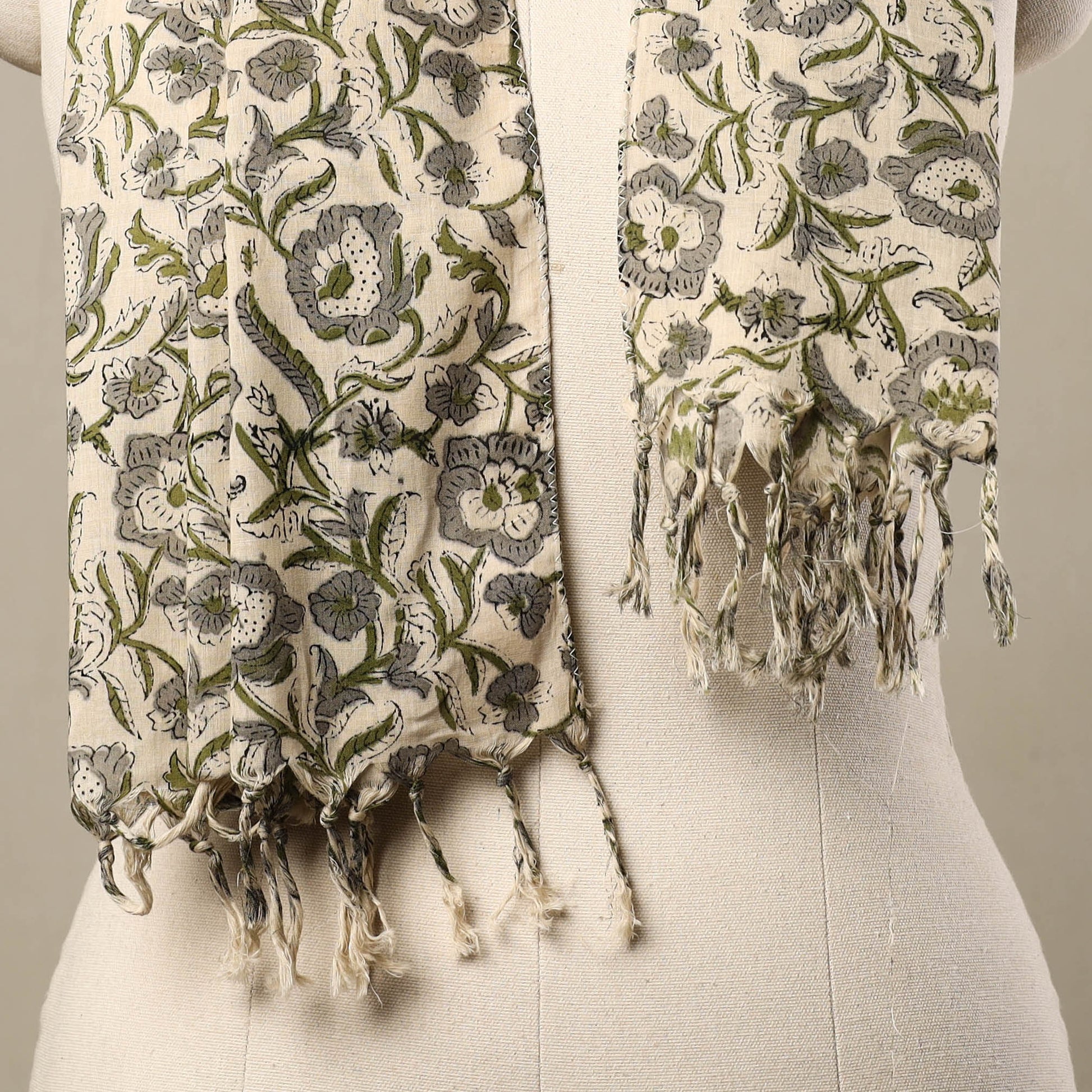 Beige - Block Print Cotton Sanganeri Stole with Tassels 136