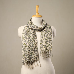 Beige - Block Print Cotton Sanganeri Stole with Tassels 136