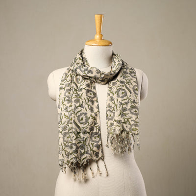 Beige - Block Print Cotton Sanganeri Stole with Tassels 136