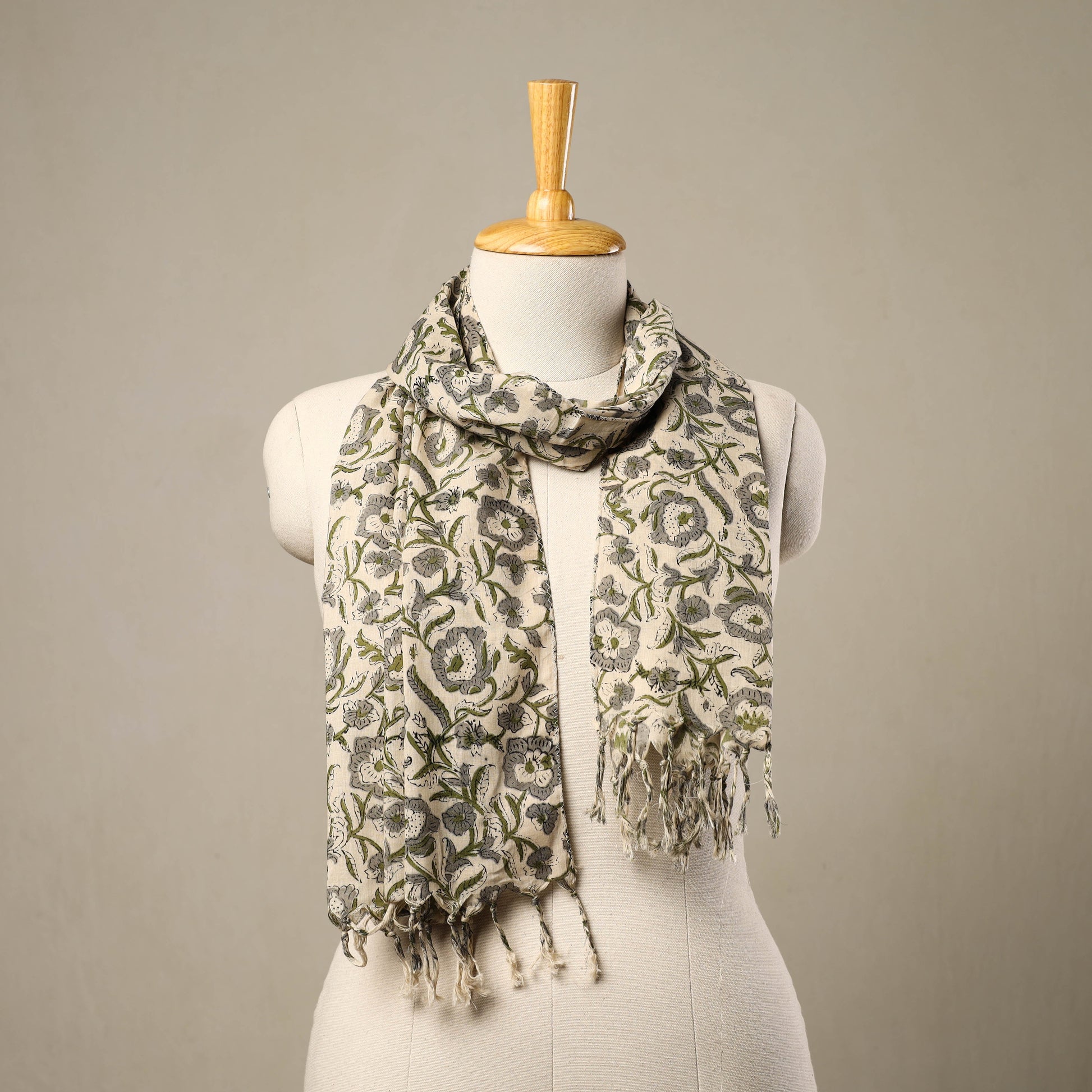 Beige - Block Print Cotton Sanganeri Stole with Tassels 136
