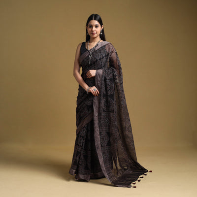 Black - Natural Dyed Block Print Kota Doria Cotton Ajrakh Saree 18