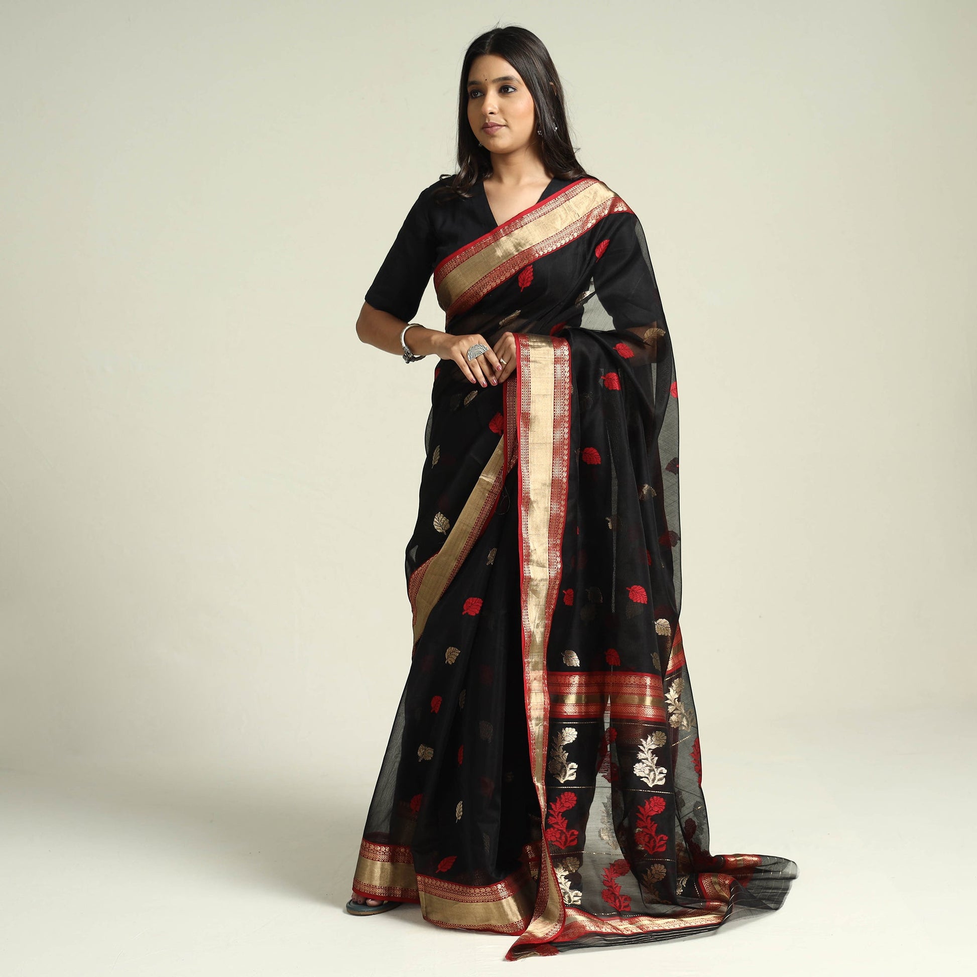 Black - Traditional Chanderi Silk Zari Buti Handloom Saree