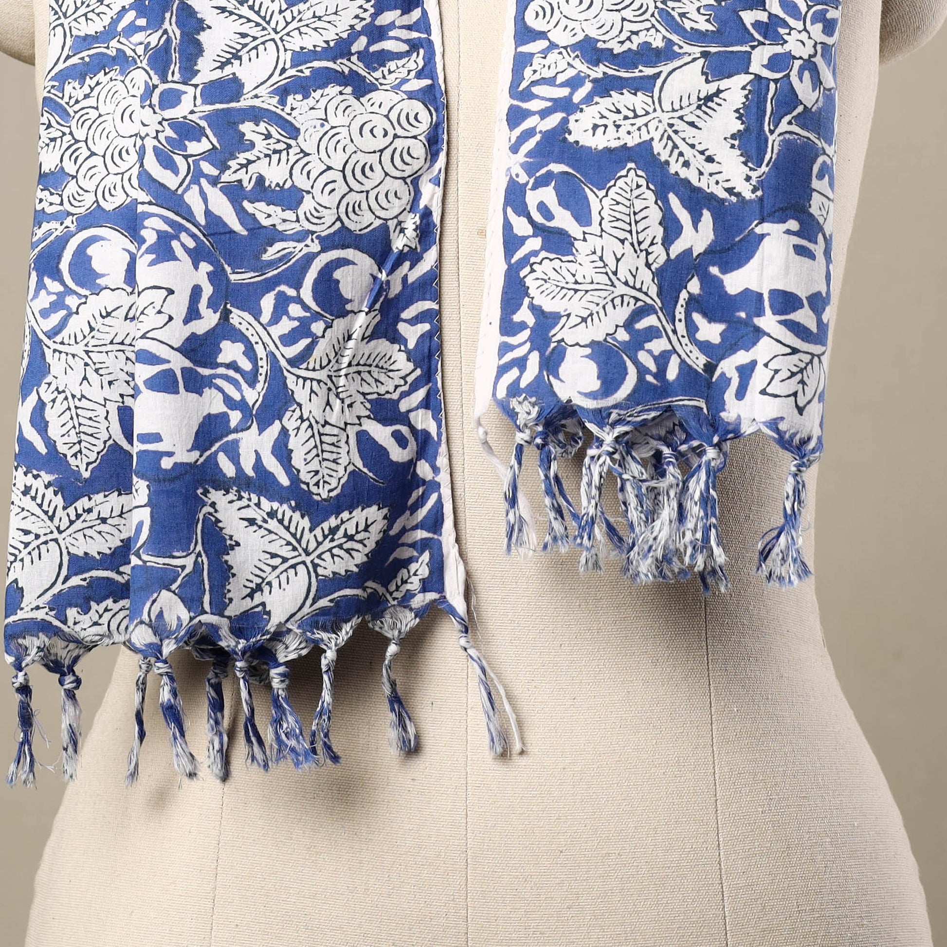 Blue - Block Print Cotton Sanganeri Stole with Tassels 137