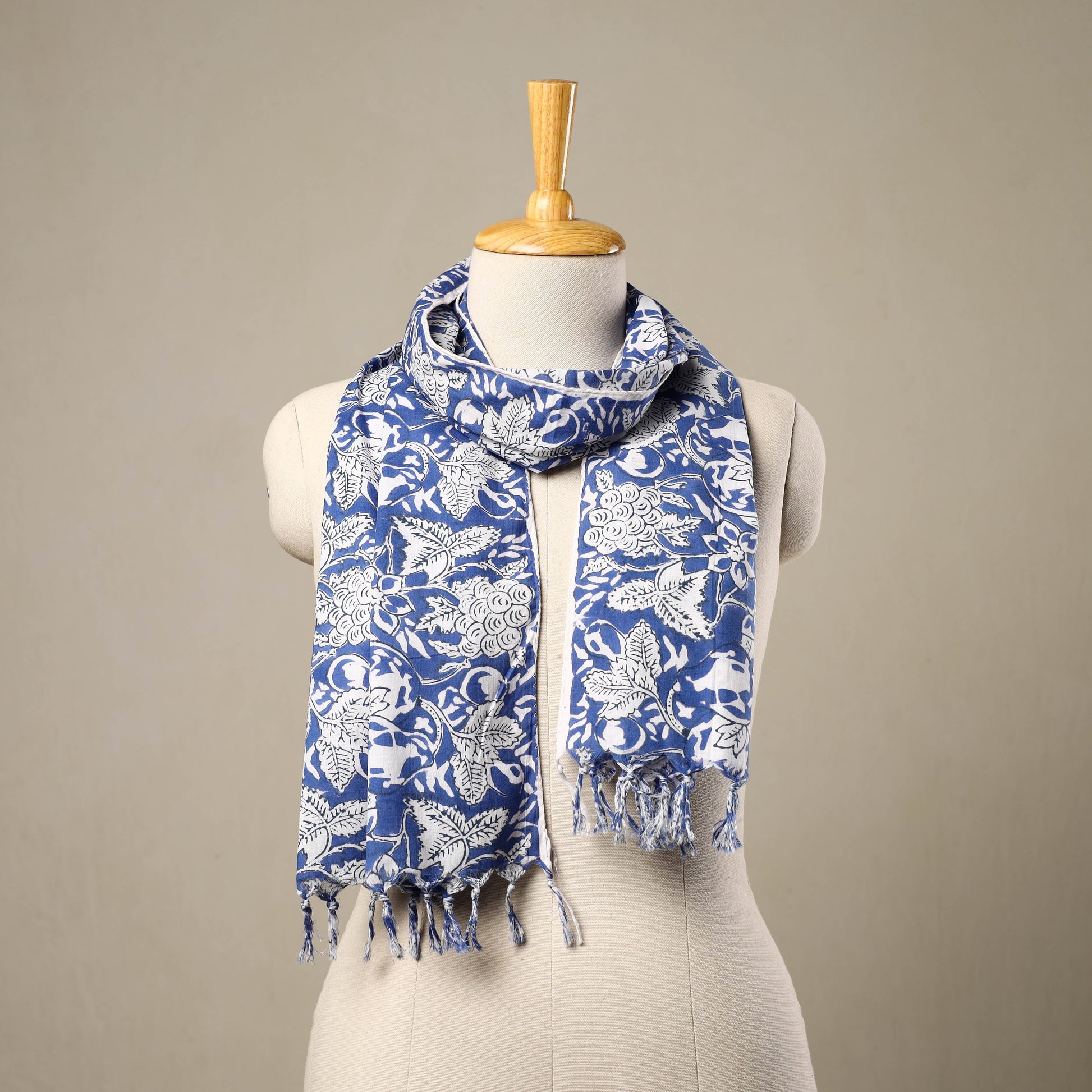 Blue - Block Print Cotton Sanganeri Stole with Tassels 137