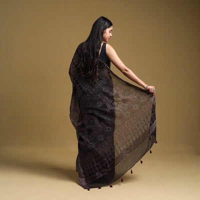 Black - Natural Dyed Block Print Kota Doria Cotton Ajrakh Saree 18