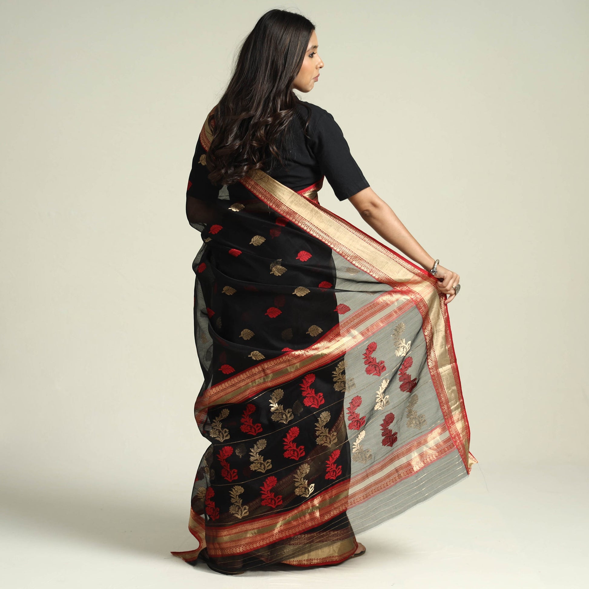 Black - Traditional Chanderi Silk Zari Buti Handloom Saree