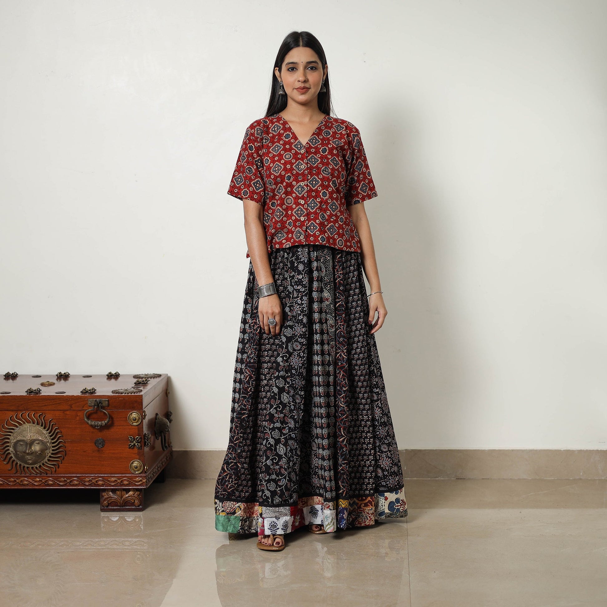 Black - 24 Kali Patchwork Block Printed Cotton Ajrakh Skirt 15