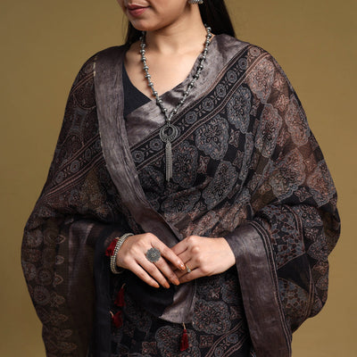 Black - Natural Dyed Block Print Kota Doria Cotton Ajrakh Saree 18