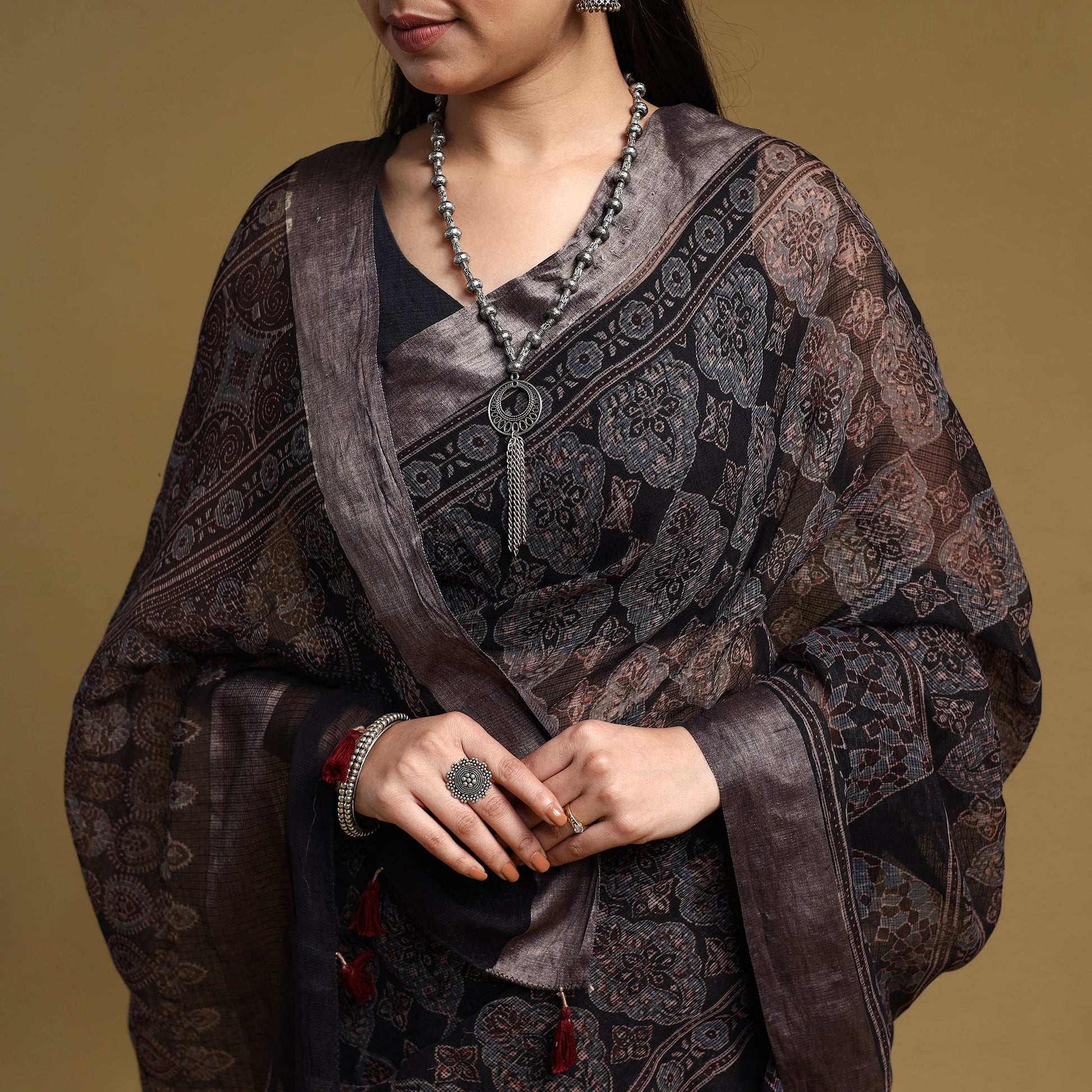 Black - Natural Dyed Block Print Kota Doria Cotton Ajrakh Saree 18