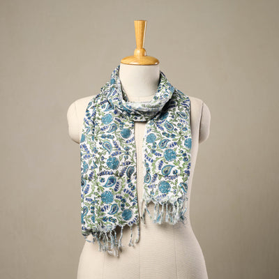 Blue - Block Print Cotton Sanganeri Stole with Tassels 139