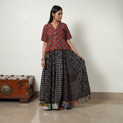 Black - 24 Kali Patchwork Block Printed Cotton Ajrakh Skirt 15