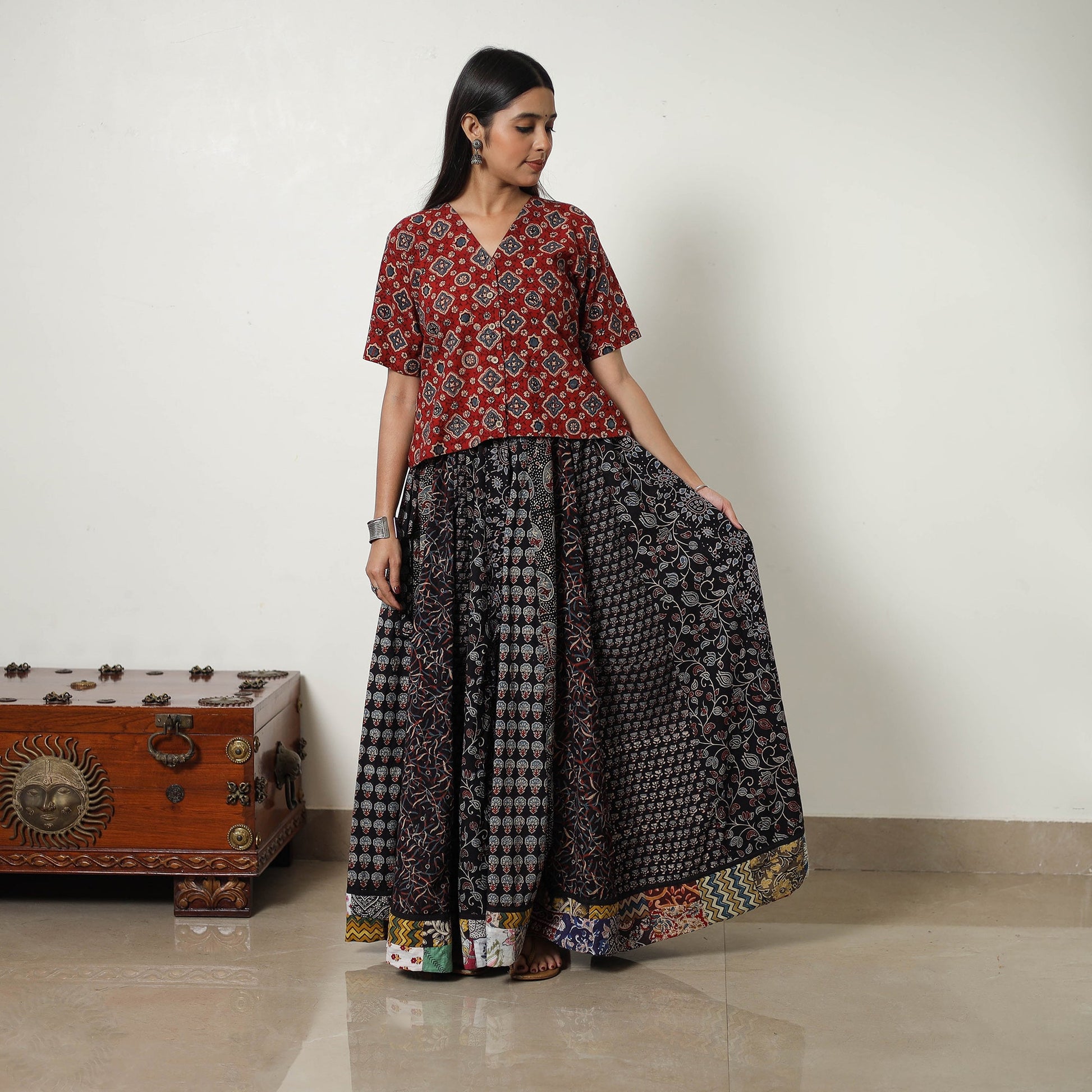 Black - 24 Kali Patchwork Block Printed Cotton Ajrakh Skirt 15