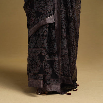 Black - Natural Dyed Block Print Kota Doria Cotton Ajrakh Saree 18