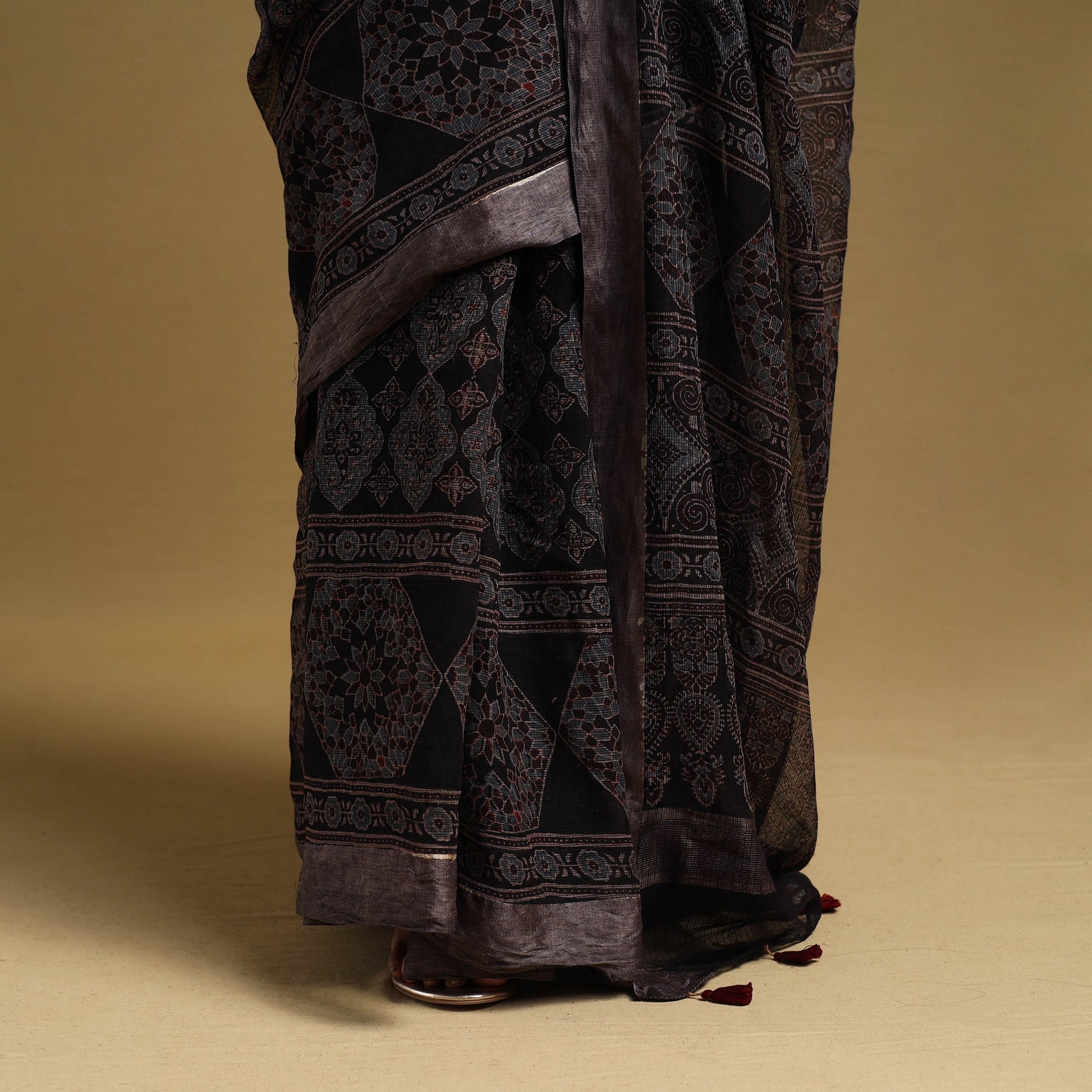 Black - Natural Dyed Block Print Kota Doria Cotton Ajrakh Saree 18