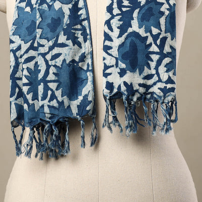 Blue - Block Print Cotton Bagru Stole with Tassels 141