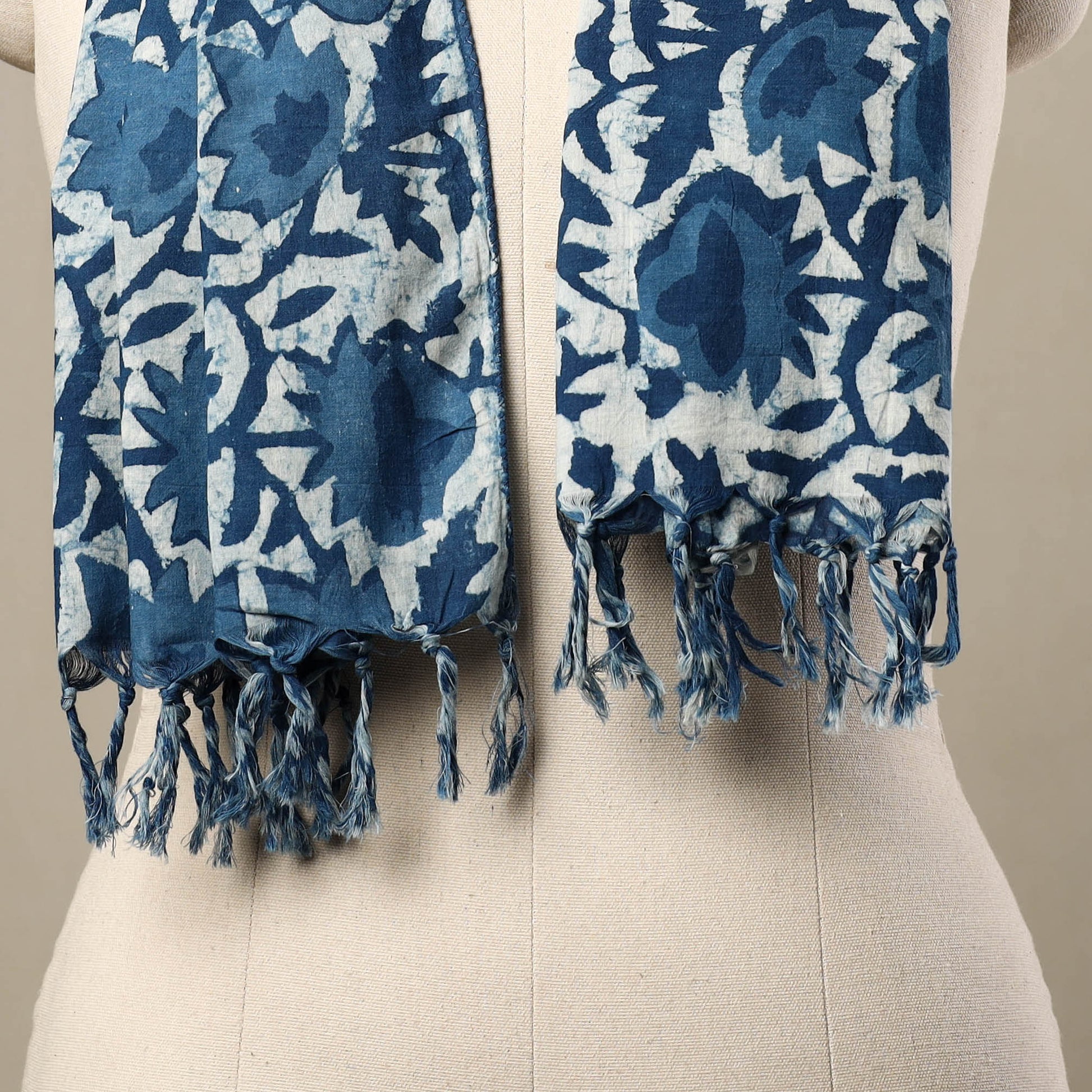 Blue - Block Print Cotton Bagru Stole with Tassels 141