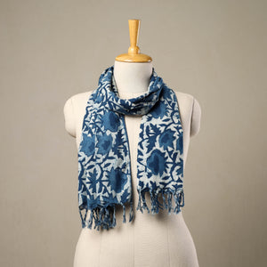 Blue - Block Print Cotton Bagru Stole with Tassels 141