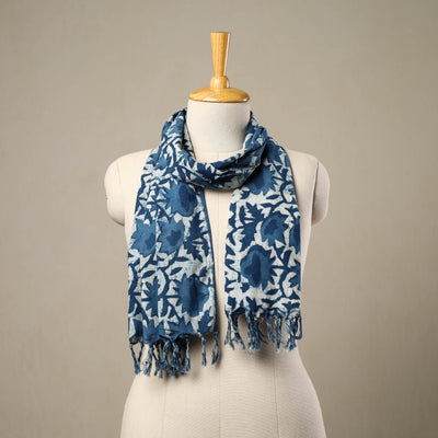 Blue - Block Print Cotton Bagru Stole with Tassels 141