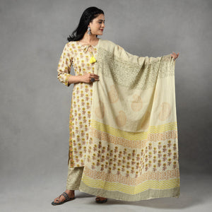 Beige - Sanganeri Block Printing Cotton Kurta with Palazzo & Dupatta Set