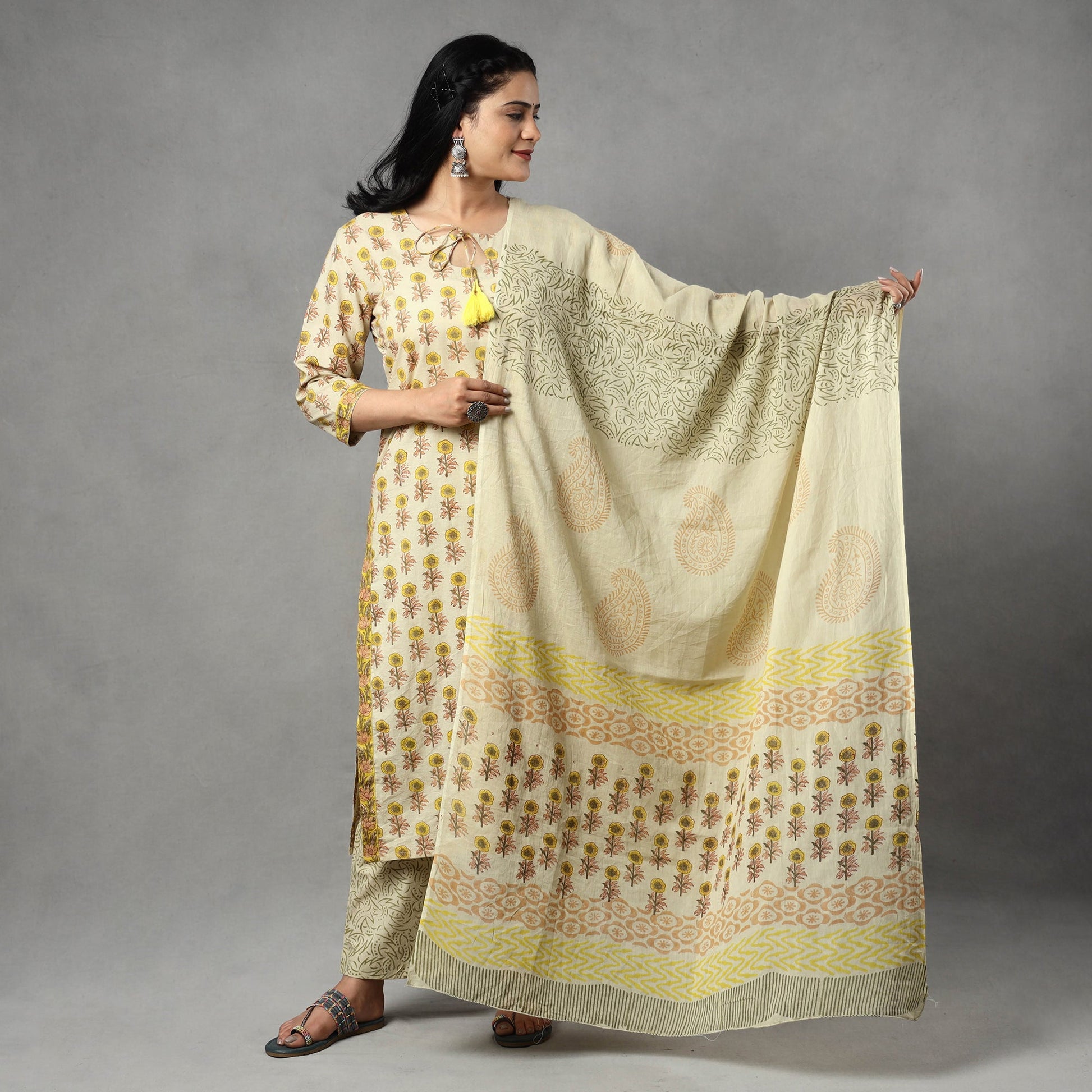 Beige - Sanganeri Block Printing Cotton Kurta with Palazzo & Dupatta Set