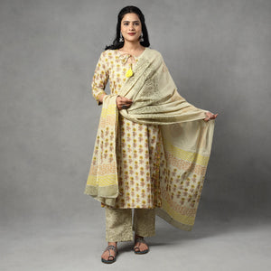 Beige - Sanganeri Block Printing Cotton Kurta with Palazzo & Dupatta Set