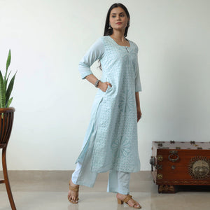 Blue - Applique Cut Work Cotton Kurta with Palazzo & Dupatta Set 04