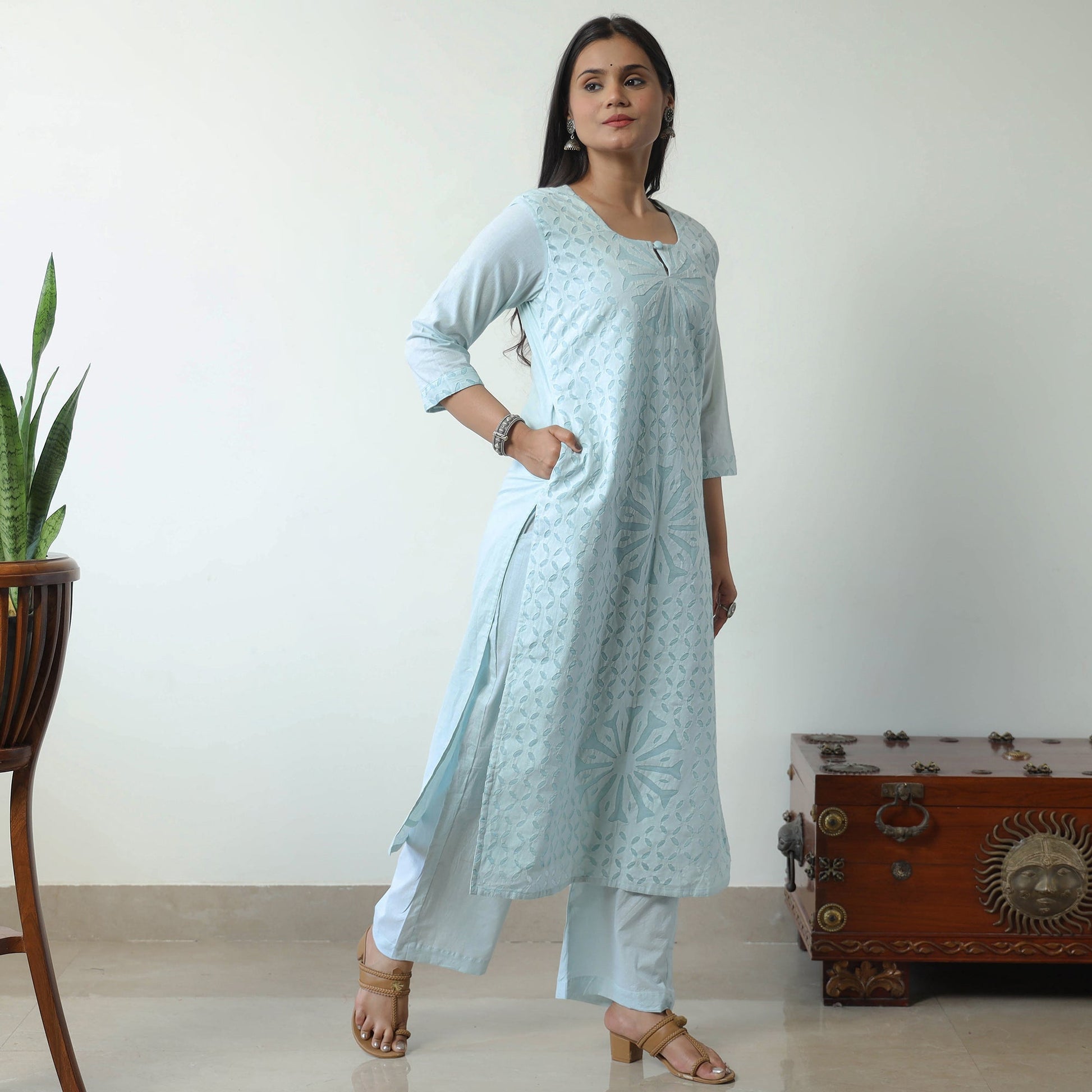Blue - Applique Cut Work Cotton Kurta with Palazzo & Dupatta Set 04