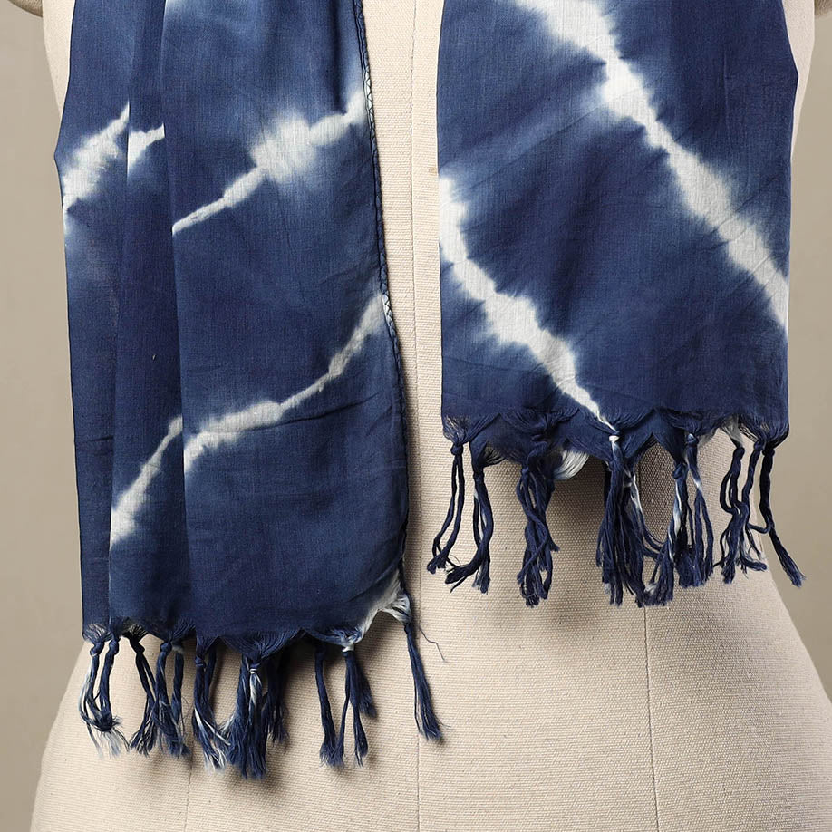 Blue - Cotton Tie-Dye Shibori Stole with Tassels 143