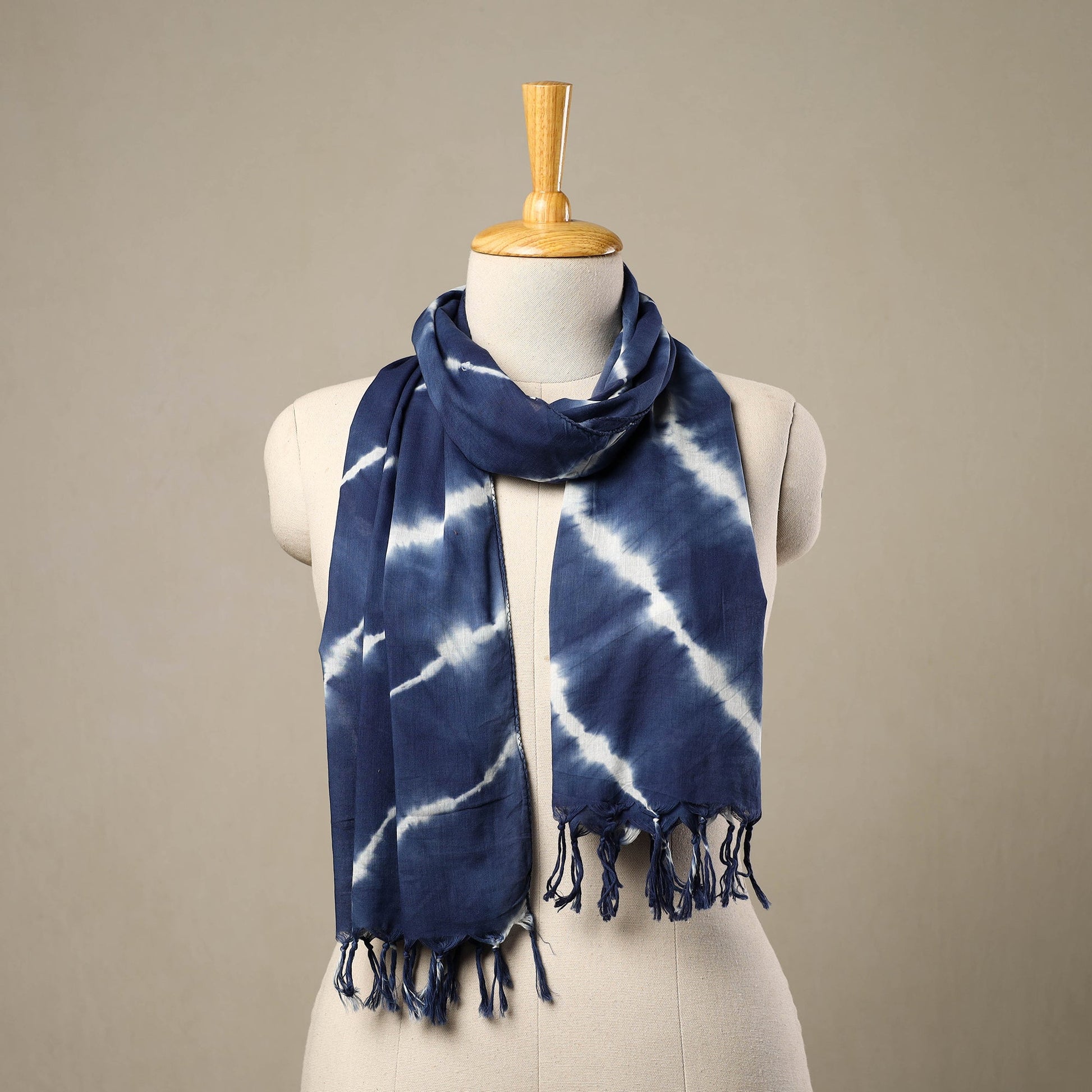 Blue - Cotton Tie-Dye Shibori Stole with Tassels 143