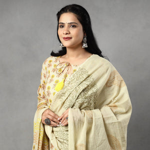Beige - Sanganeri Block Printing Cotton Kurta with Palazzo & Dupatta Set