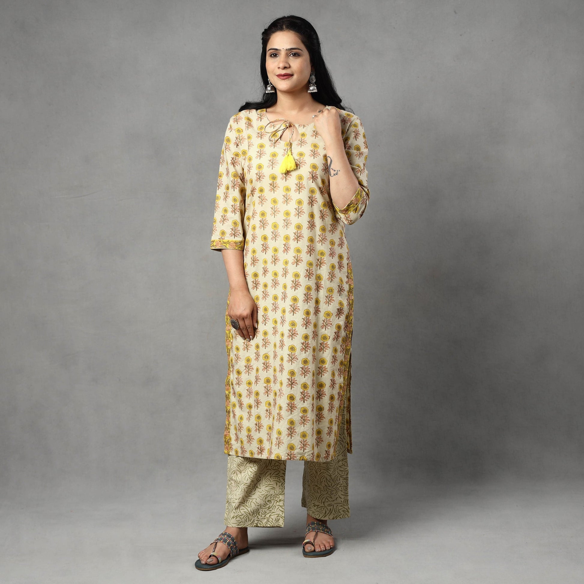 Beige - Sanganeri Block Printing Cotton Kurta with Palazzo & Dupatta Set
