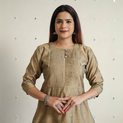 Brown - Polka Zari Butta Spun Dupion Silk Long Straight Kurta 06