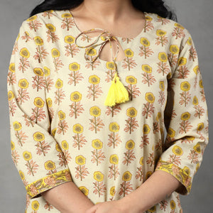 Beige - Sanganeri Block Printing Cotton Kurta with Palazzo & Dupatta Set